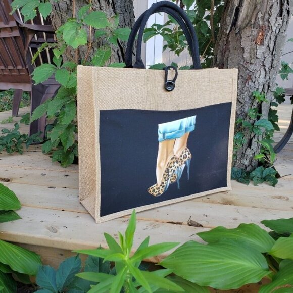 Custom Canvas Tote Bag, Large Size - Cheetah Heels Theme, Black or Cream Tote - Picture 5 of 16